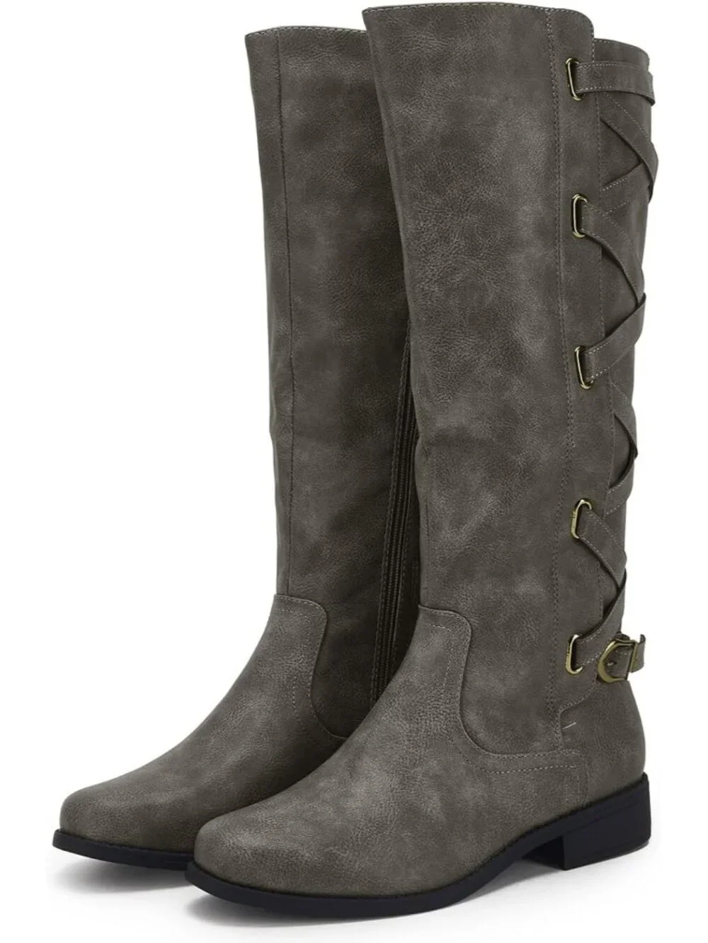 Women's Light Grey Faux Leather Strappy Motorcycle Lace Up Low Heel High Boots